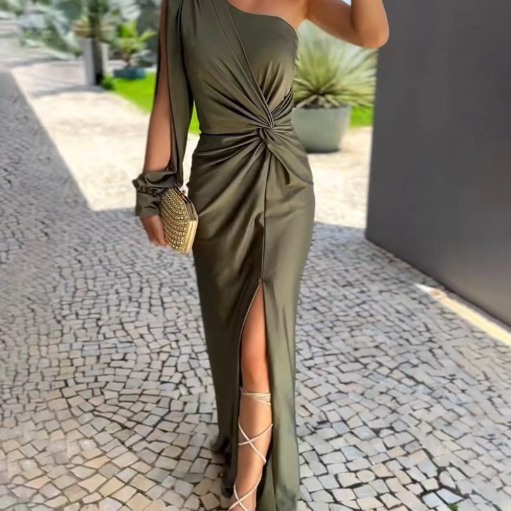 Nanette | Olive One Shoulder Ruched Maxi Dress