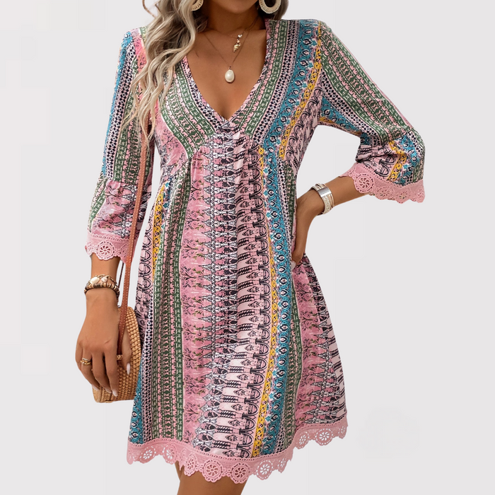 Meline | V Neck Printed Lace Trim Dress