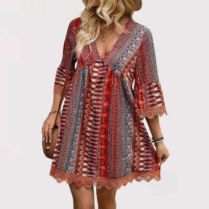 Meline | V Neck Printed Lace Trim Dress