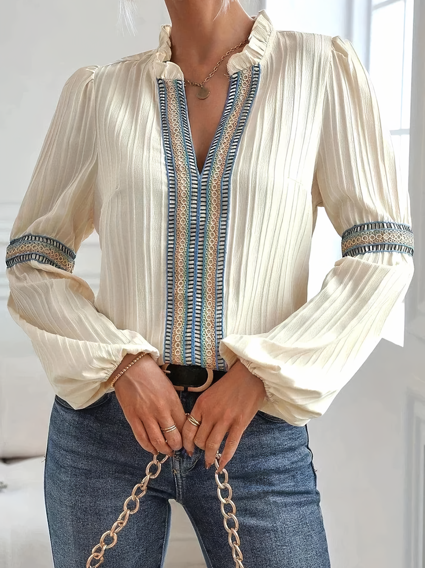 Vinca | Pleated Long Sleeve V Neck Blouse