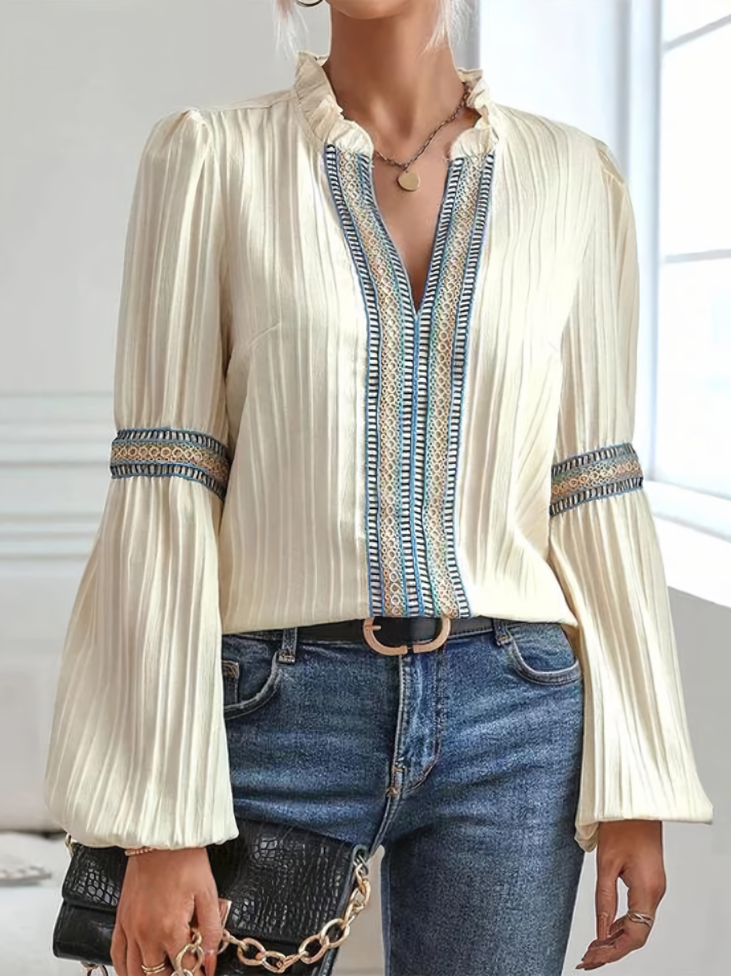 Vinca | Pleated Long Sleeve V Neck Blouse