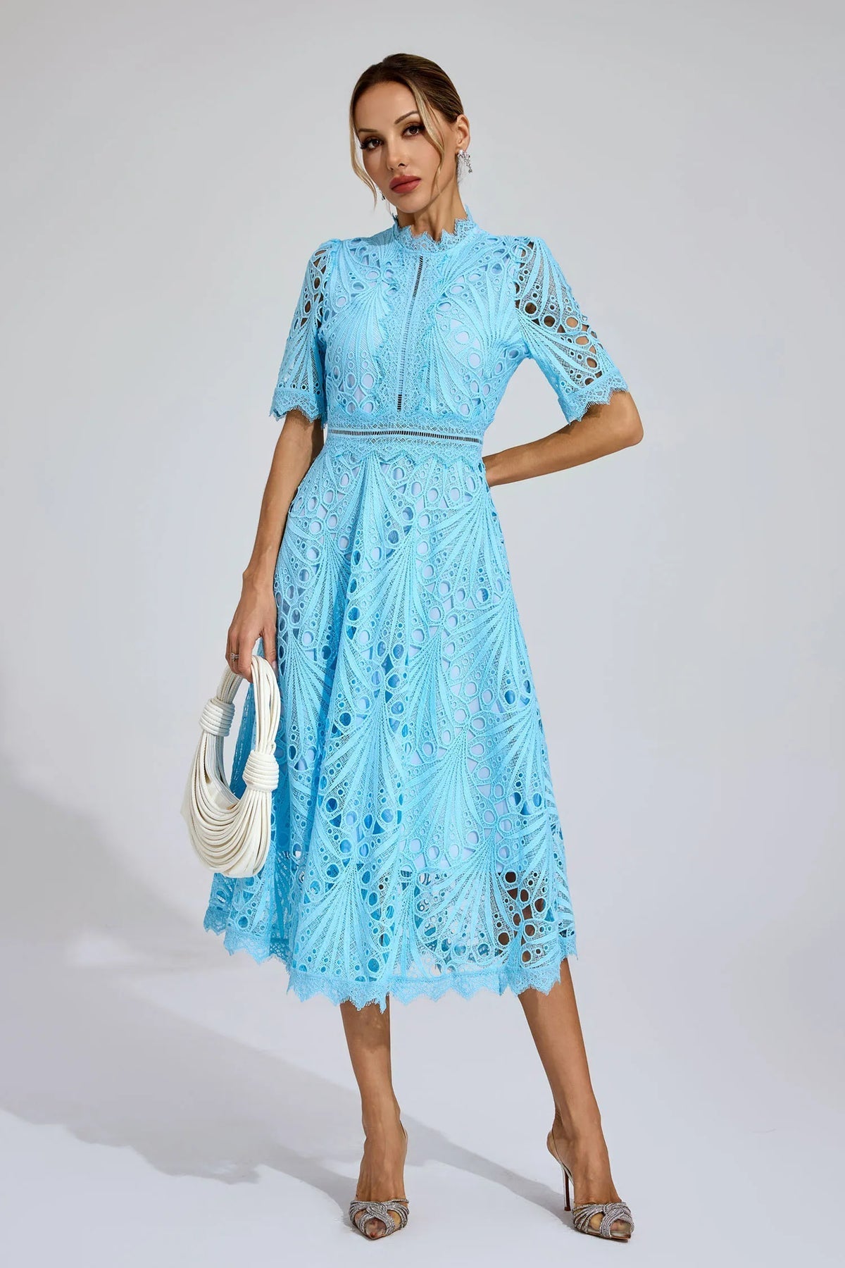 Vorelle | Lace Midi Dress High Neck Short Sleeve