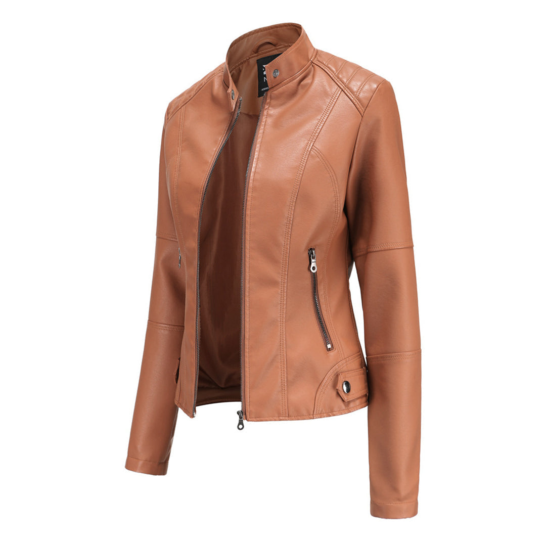 Hanneke | Faux Leather Stand Collar Zip Jacket