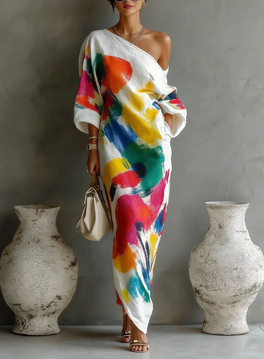 Lorrainen | One Shoulder Abstract Print Maxi Dress