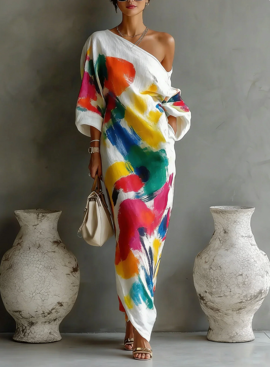 Lorrainen | One Shoulder Abstract Print Maxi Dress