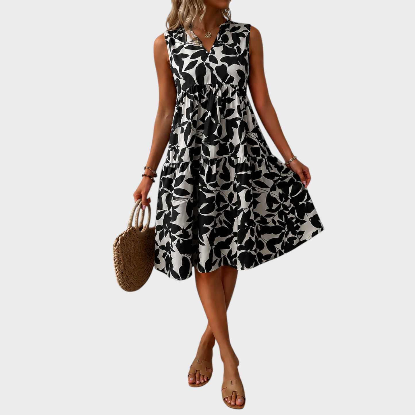Soomin | Sleeveless V-Neck Floral Print Midi Dress