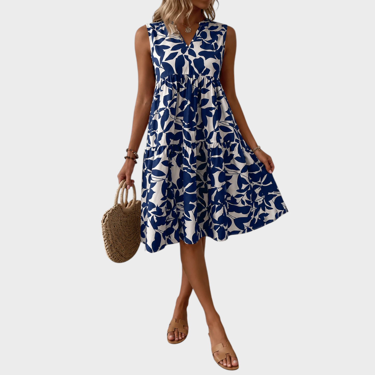 Soomin | Sleeveless V-Neck Floral Print Midi Dress