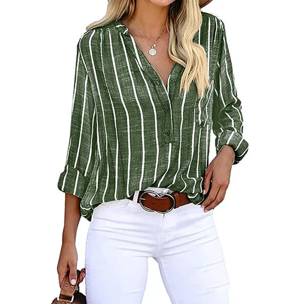 Zhenya - Striped Roll Sleeve Button Blouse