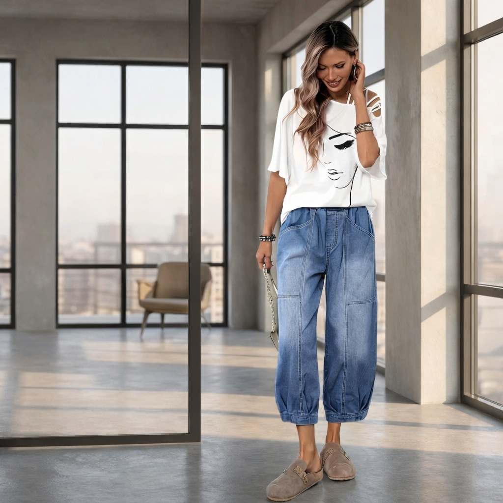 Madavi | Blue Loose Fit Denim Trousers