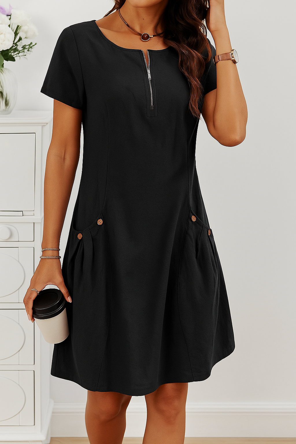 Rudina | Zip Neck Short Sleeve Pocket Dress