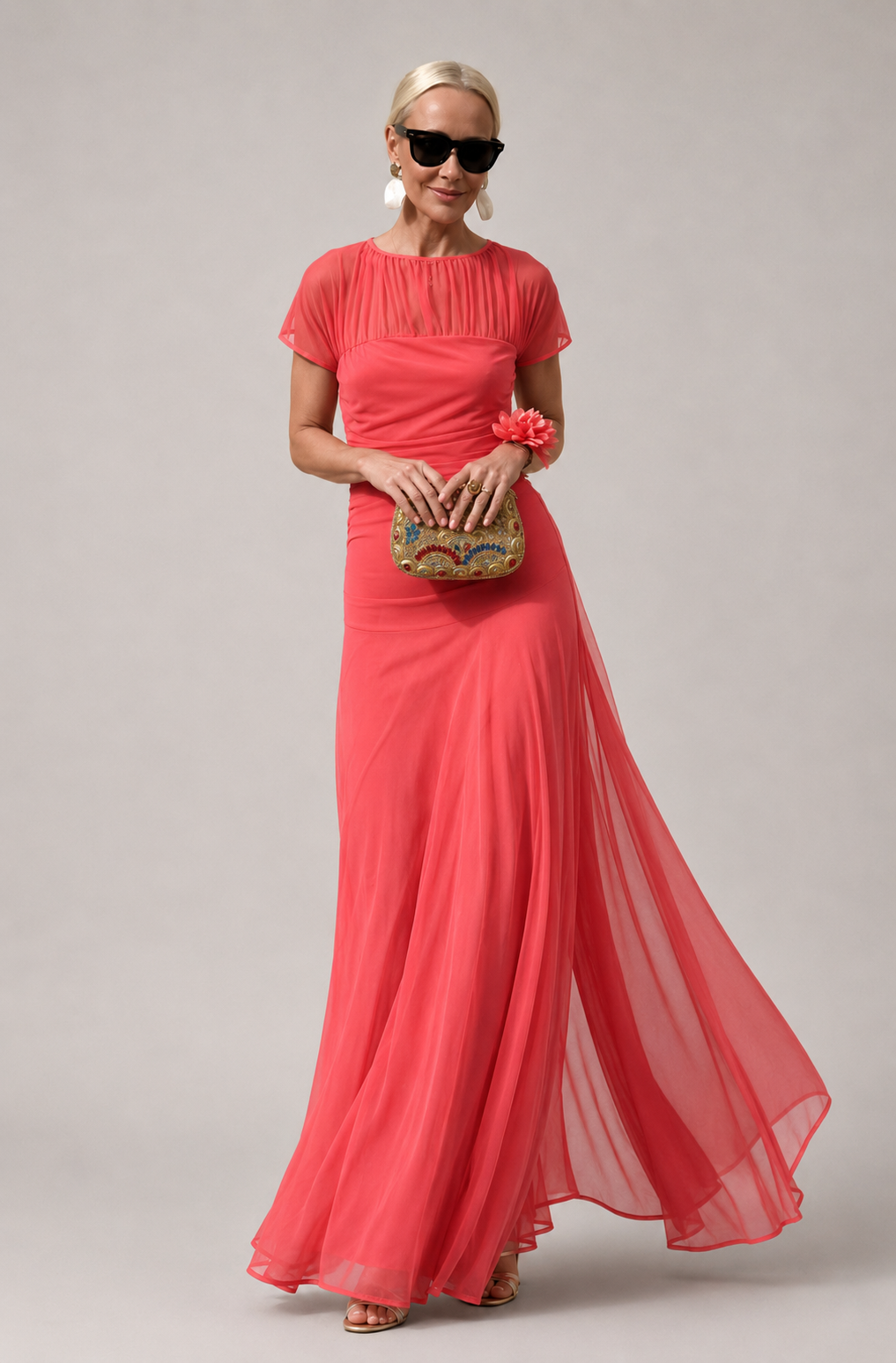 Lesliy | Chiffon Mesh Yoke Maxi Dress