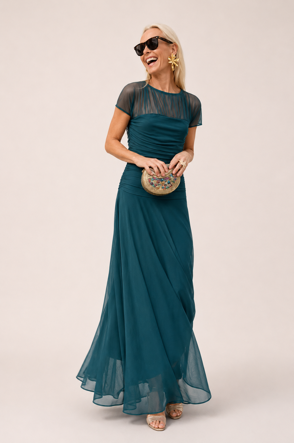 Lesliy | Chiffon Mesh Yoke Maxi Dress