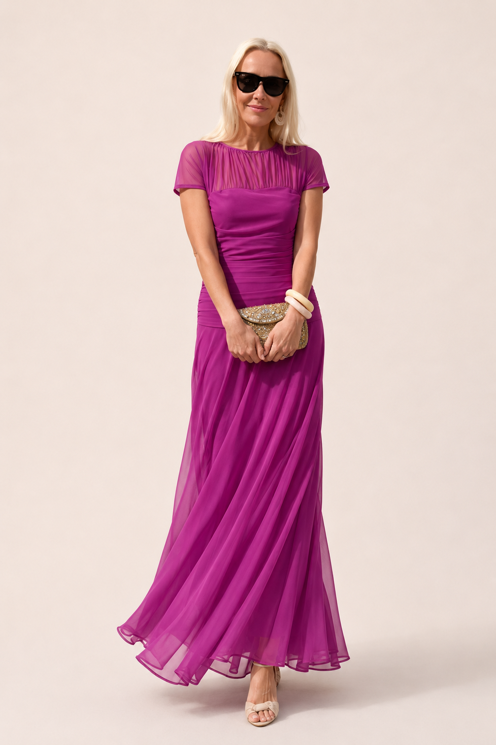 Lesliy | Chiffon Mesh Yoke Maxi Dress