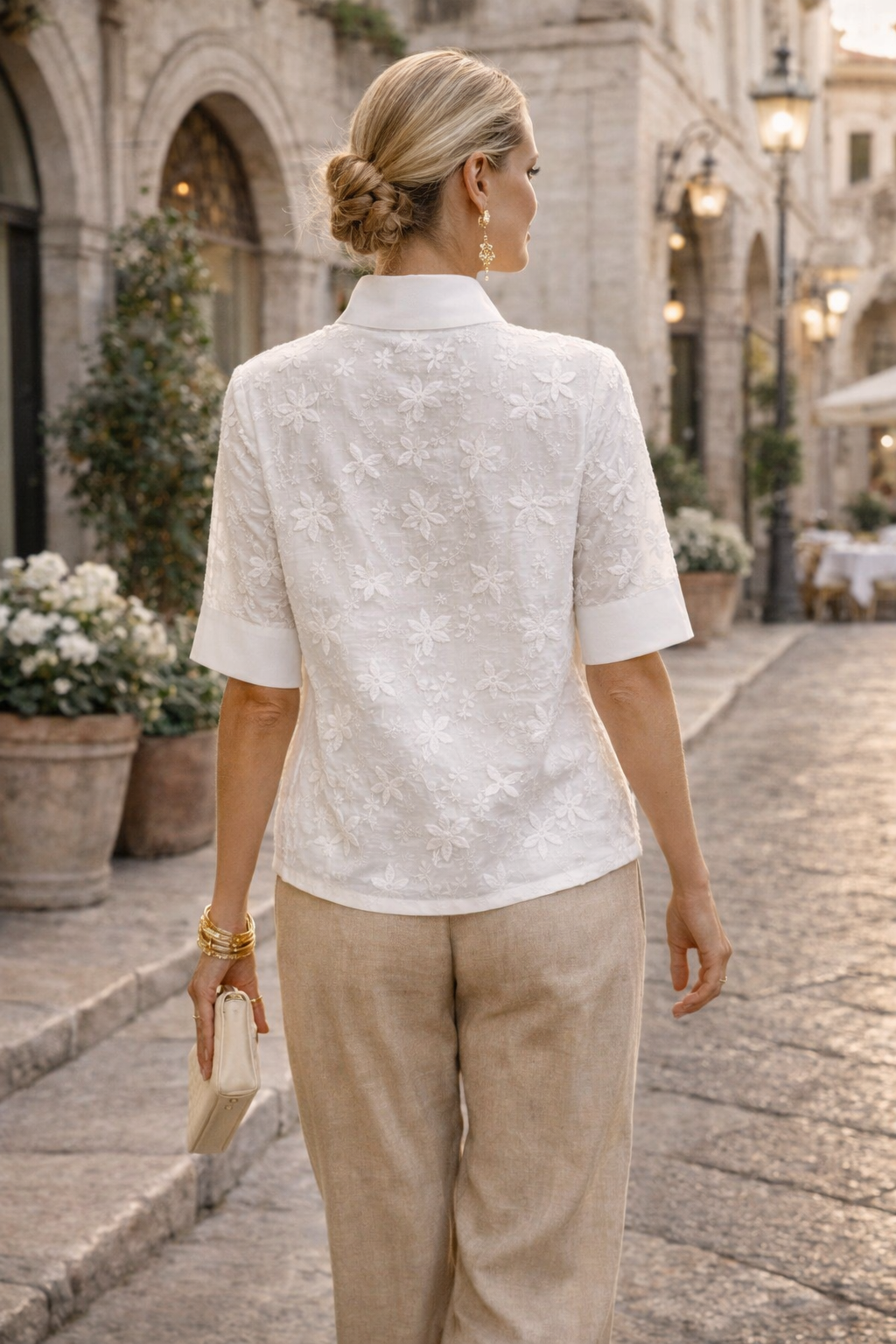Minulya | Floral Embroidered High Neck Short Sleeve Blouse