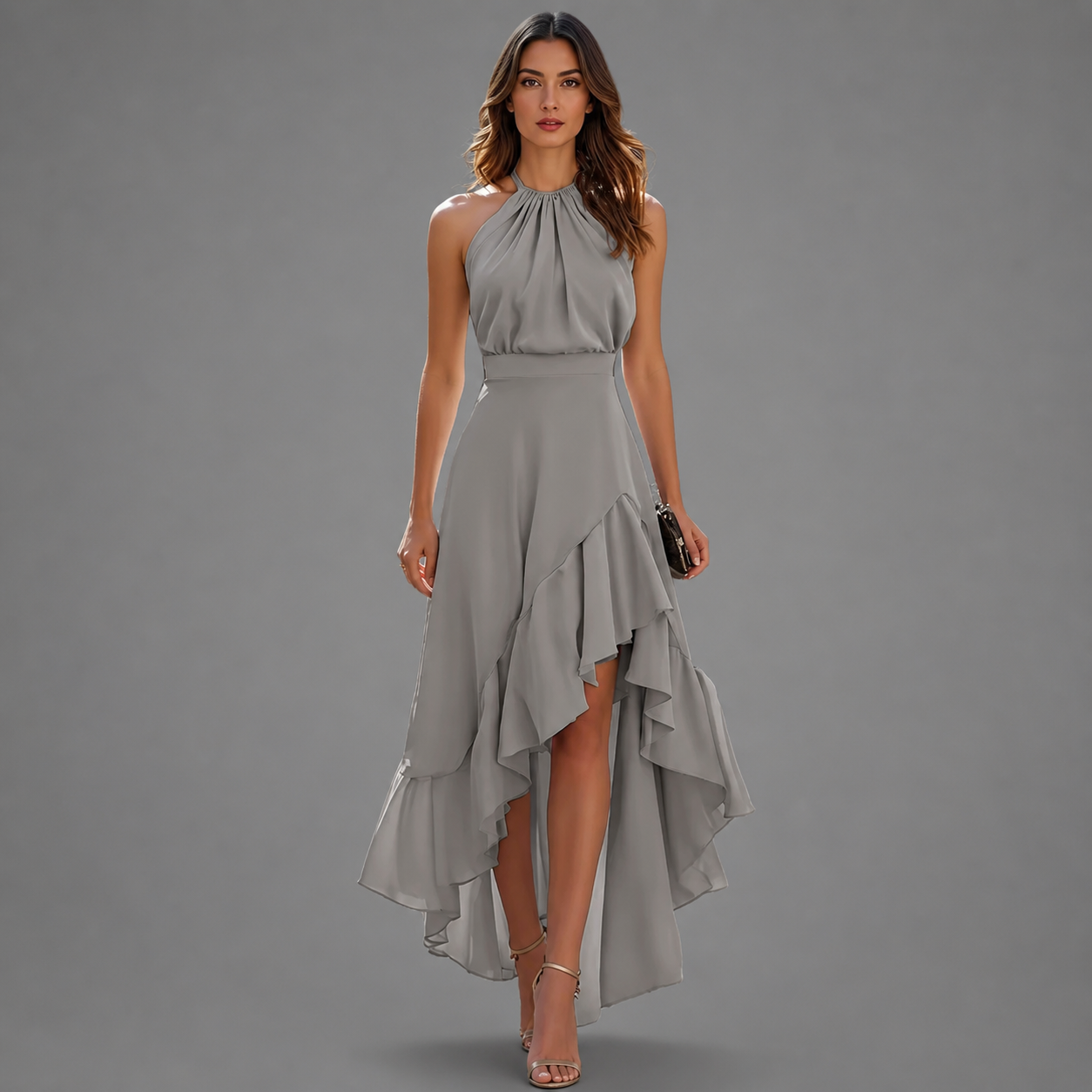 Benetou | Halter Neck High Low Ruffle Maxi Dress