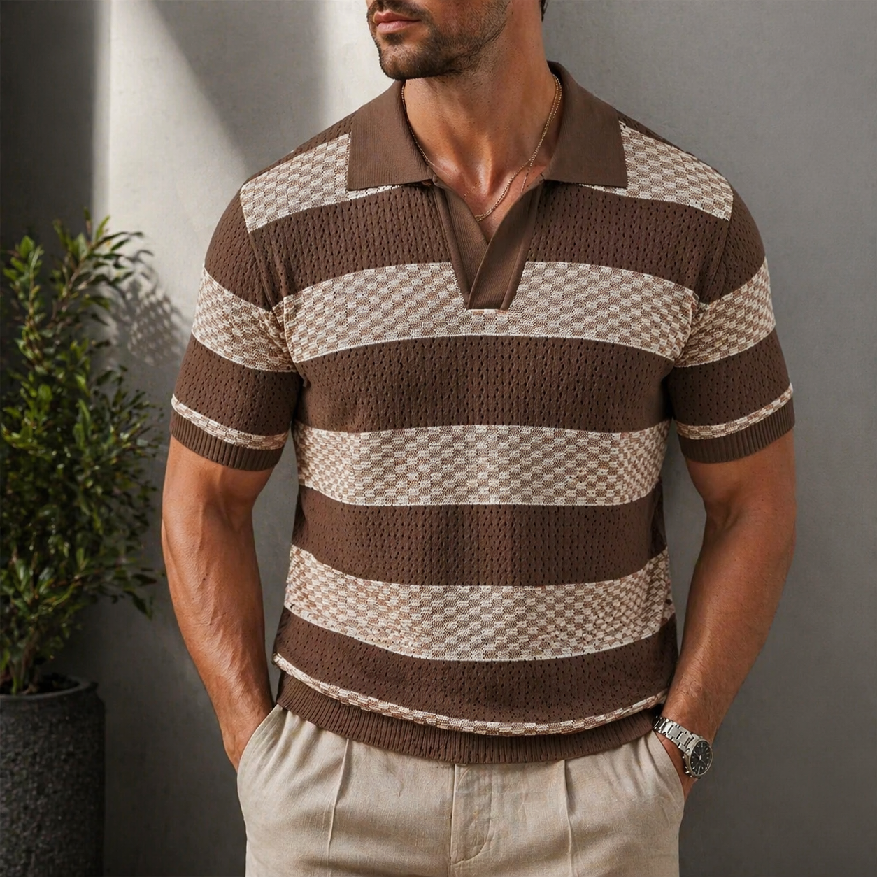 Leunard | Striped Knit Short Sleeve Polo Shirt