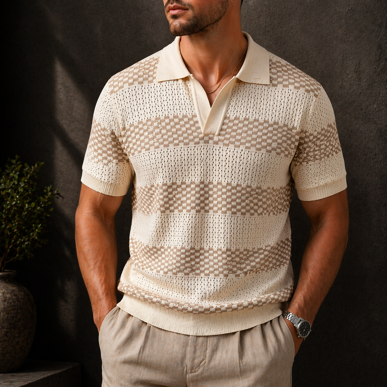 Leunard | Striped Knit Short Sleeve Polo Shirt