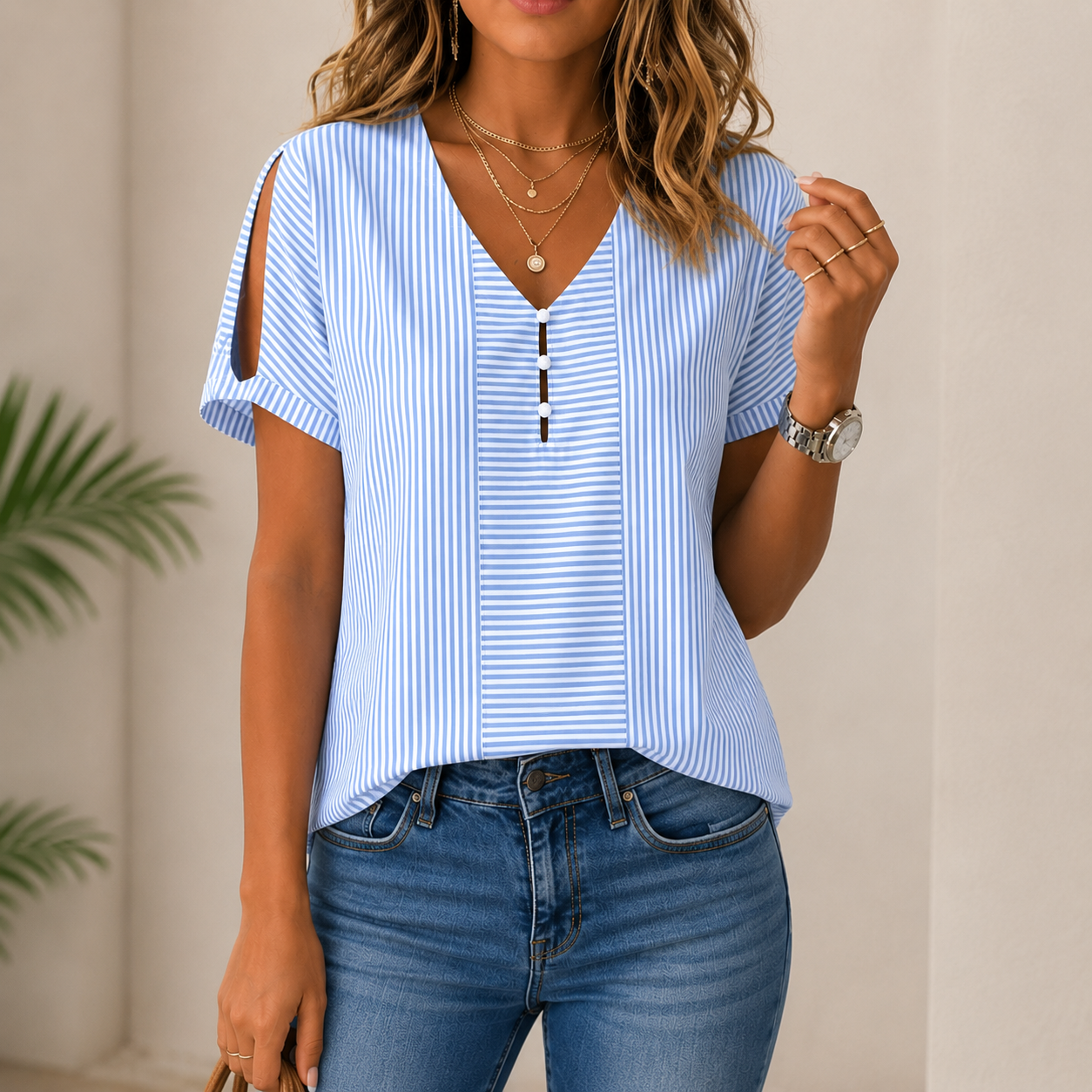 Shirri | Striped V-Neck Split Sleeve Blouse