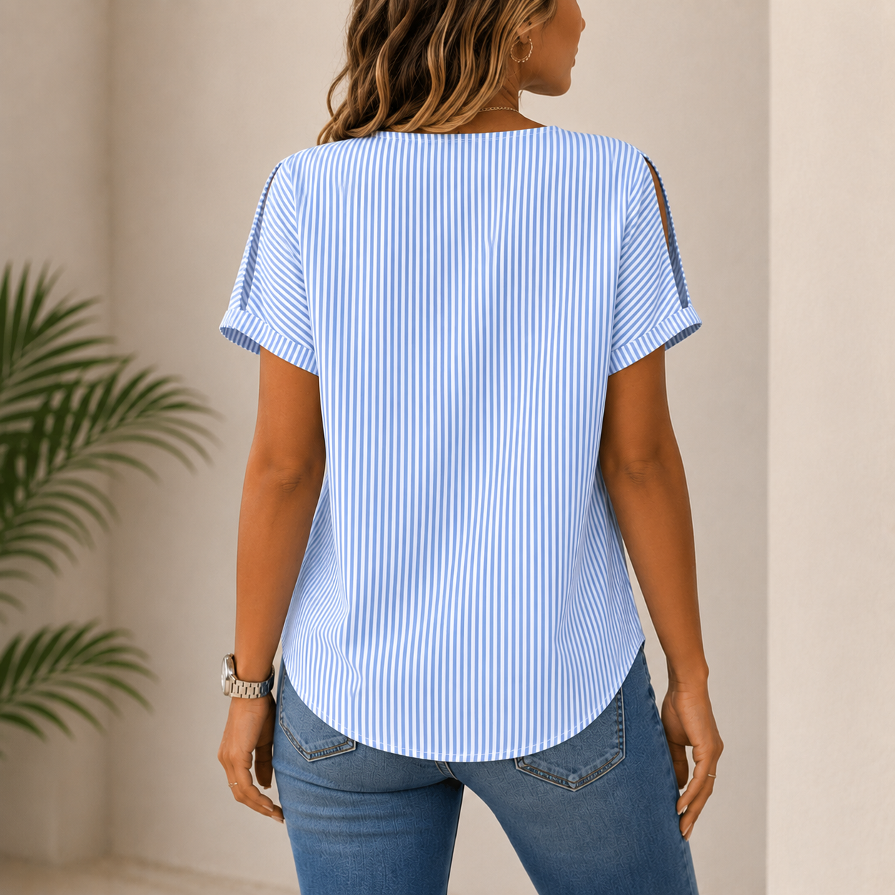 Shirri | Striped V-Neck Split Sleeve Blouse