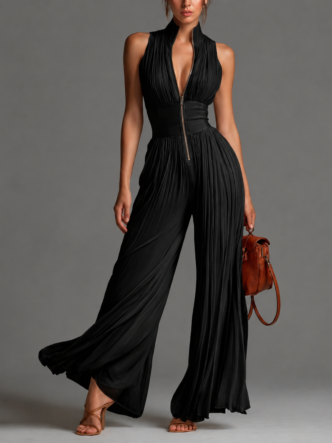 Kleira | Sleeveless Pleated Zip Front Jumpsuit