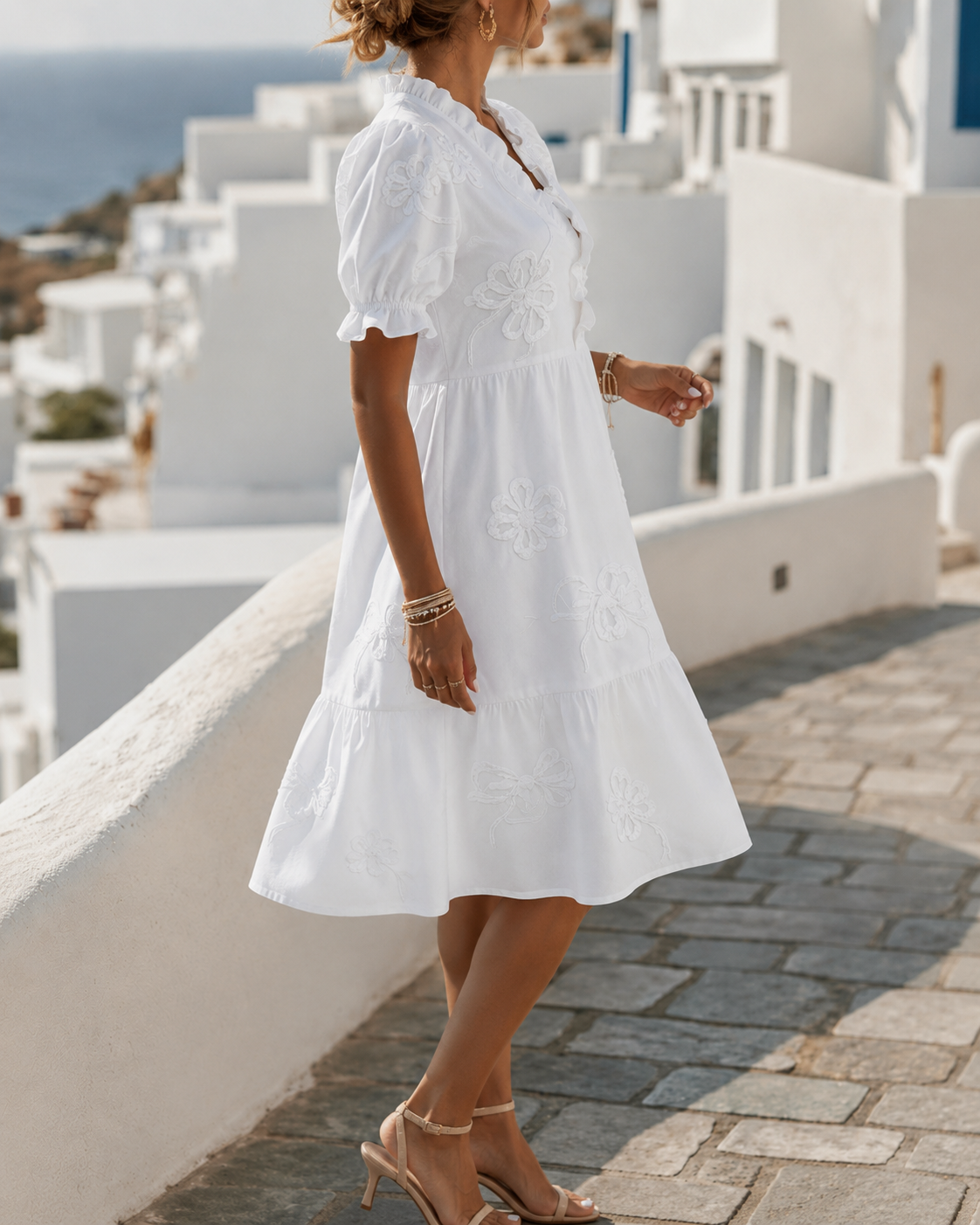 Nija | Dress with V-Neck Ruffles and Embroidery