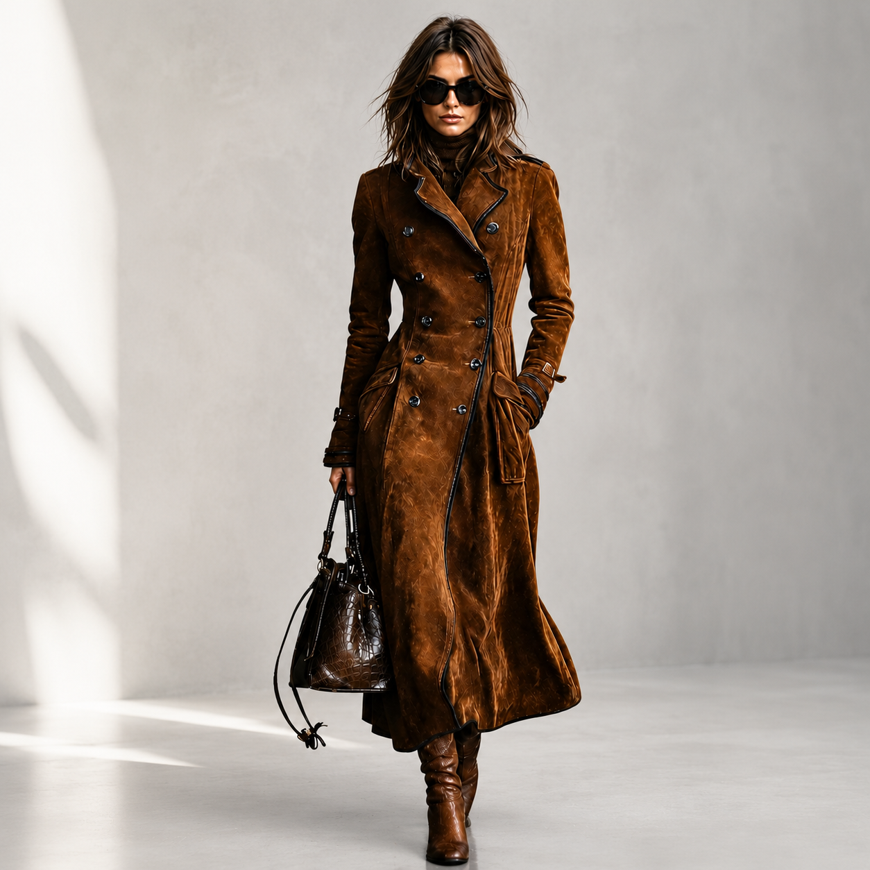 Derya | Long Sleeve Double-Breasted Long Coat