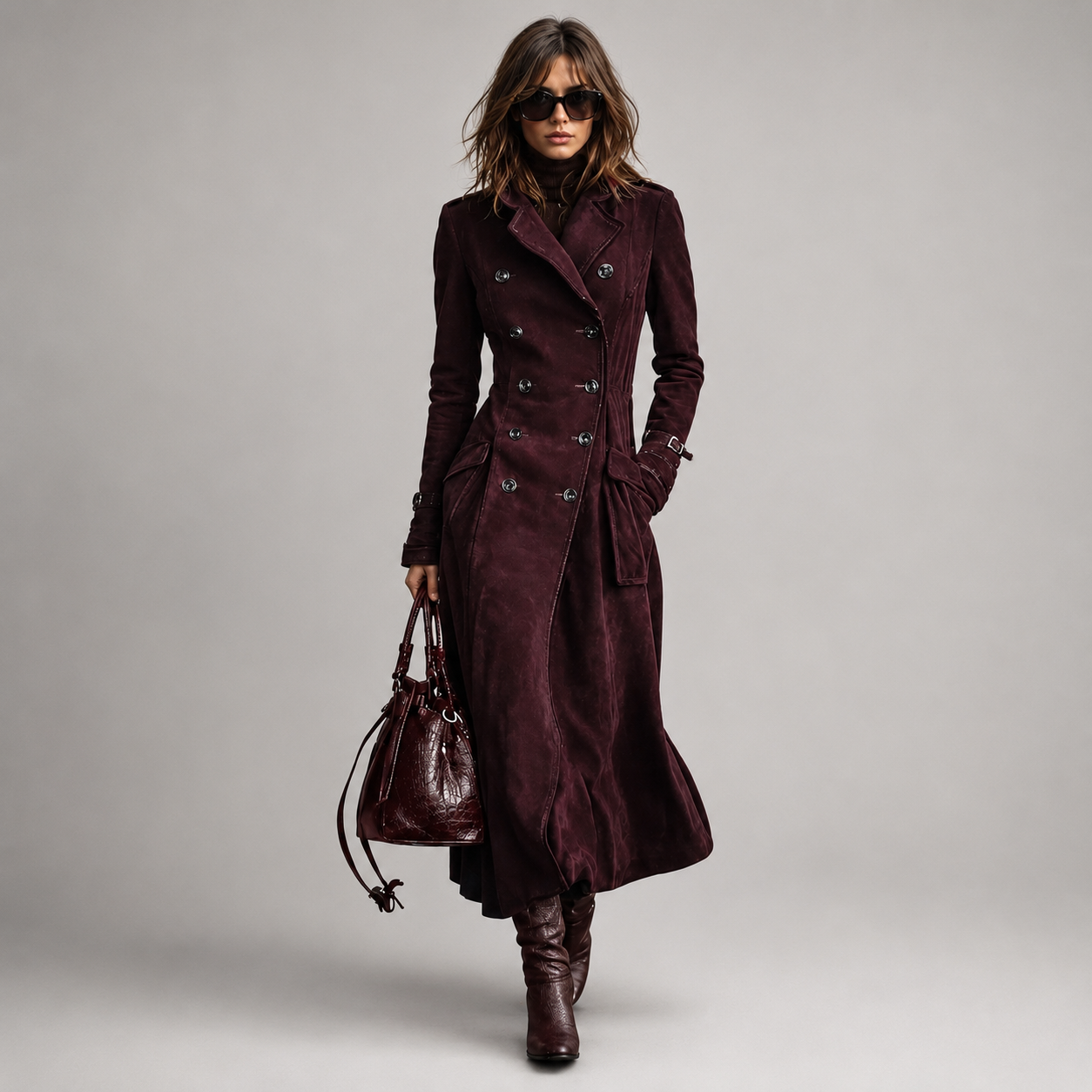 Derya | Long Sleeve Double-Breasted Long Coat