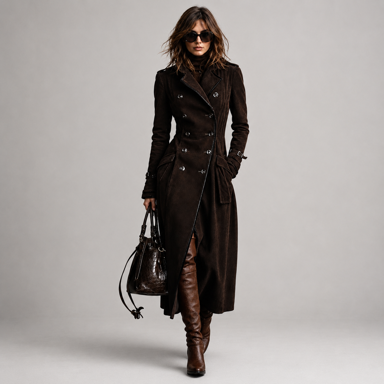 Derya | Long Sleeve Double-Breasted Long Coat