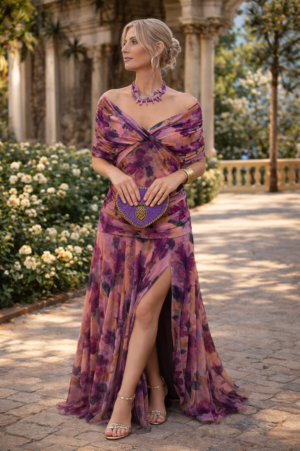 Nadeesha - Long Floral V Neck Evening Dress
