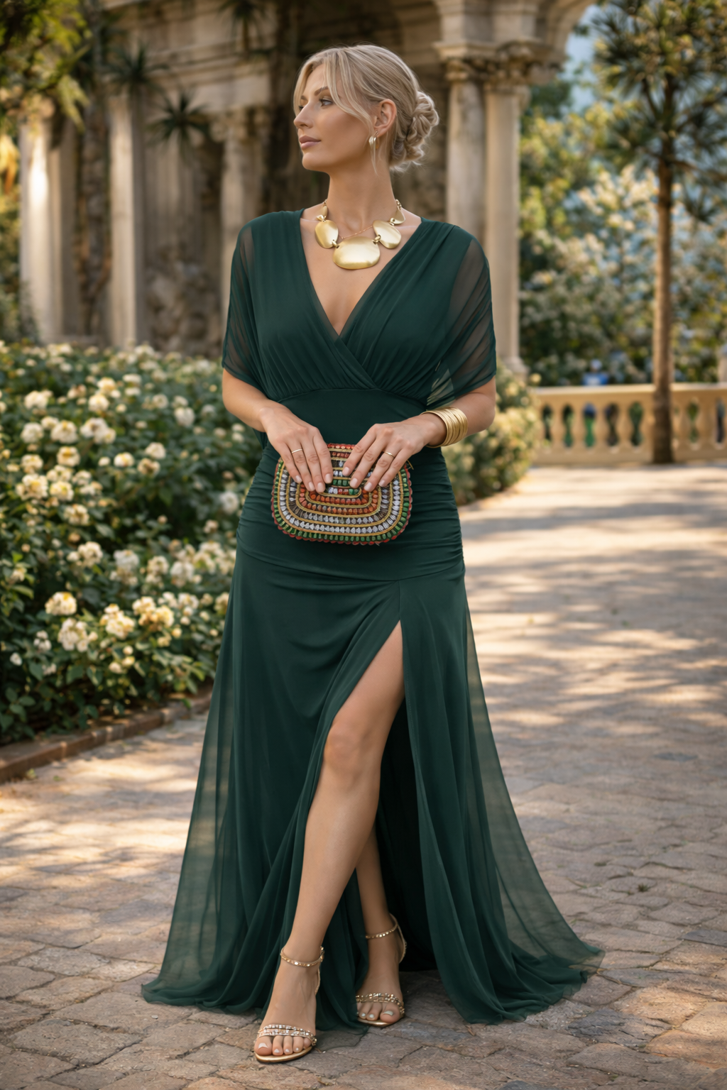 Nadeesha - Long Floral V Neck Evening Dress