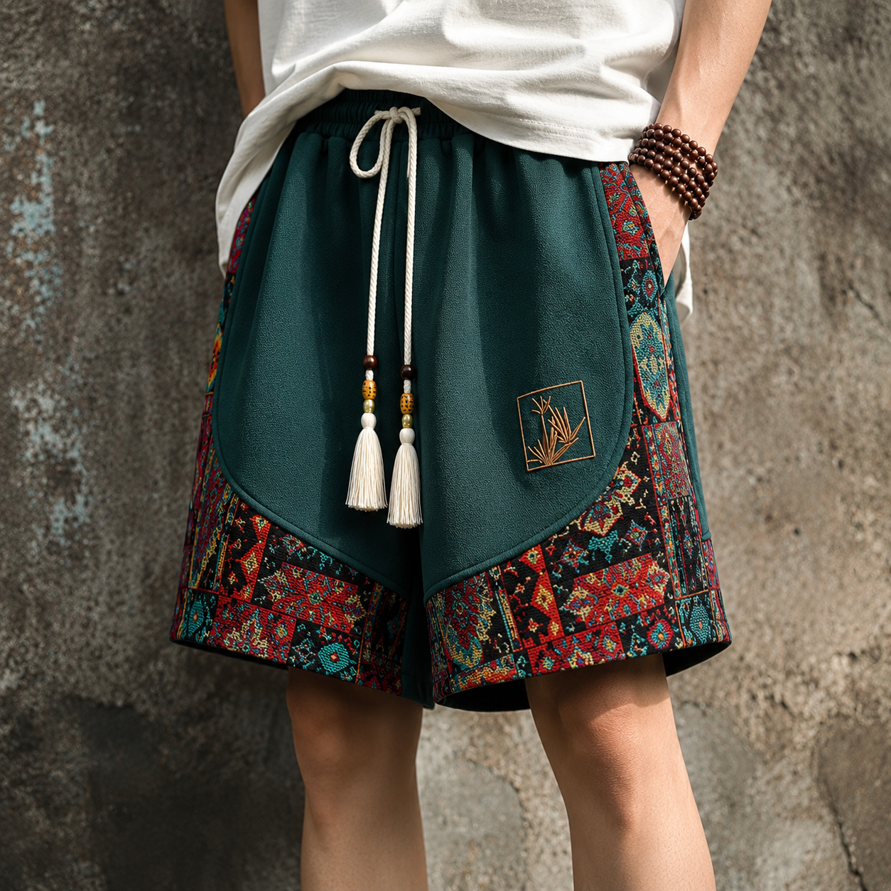Haren | Ethnic Print Panel Drawstring Shorts