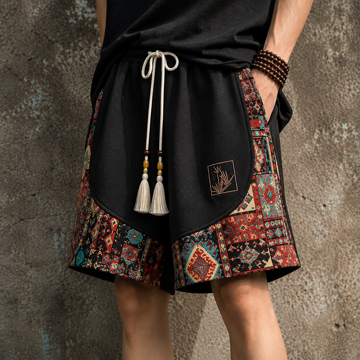Haren | Ethnic Print Panel Drawstring Shorts
