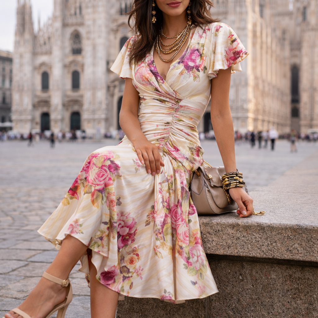 Neomi | Floral Satin Wrap Midi Dress