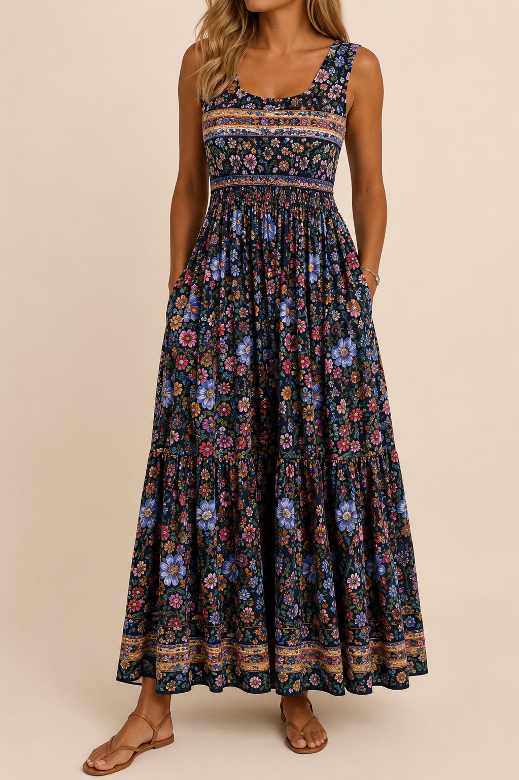 Raqual | Sleeveless Floral Print Maxi Dress Pockets