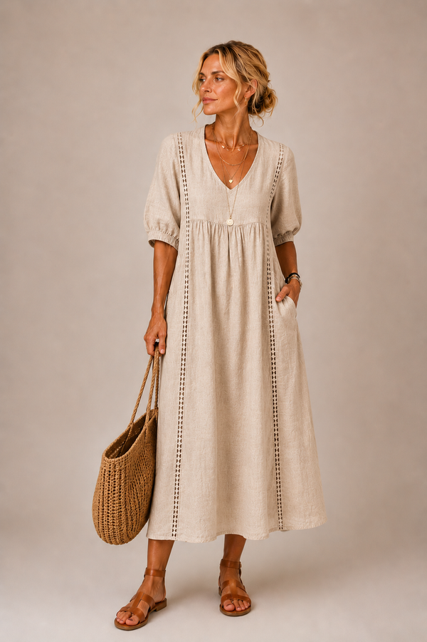 Keresa | V-Neck Puff Sleeve Midi Dress