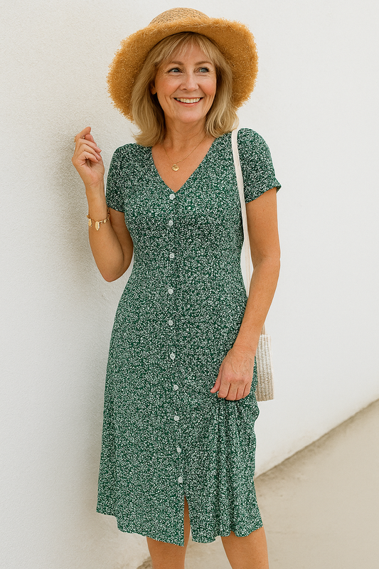 Rayella | Floral V Neck Button Front Midi Dress