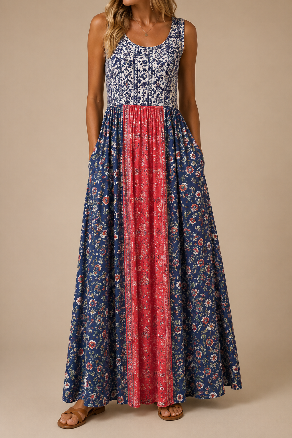 Raqual | Sleeveless Floral Print Maxi Dress Pockets