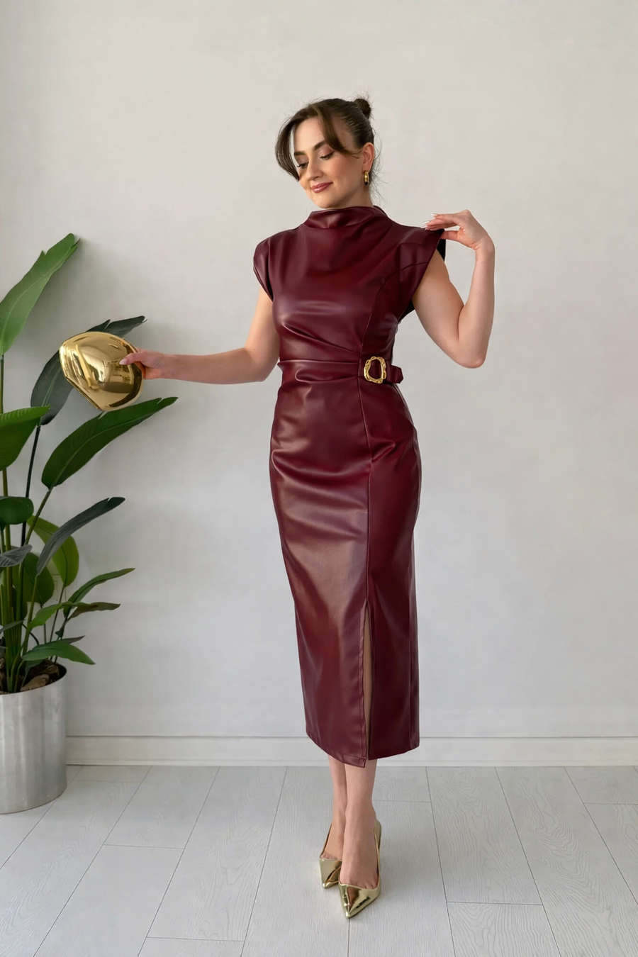 Claudine - Sleeveless Belted Midi Faux Leather Dress