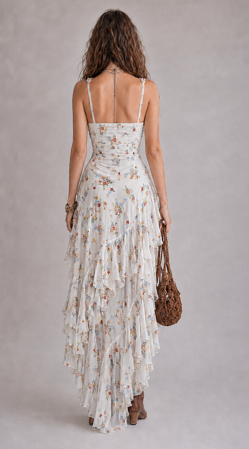 Makbule | Floral Asymmetric Ruffle Midi Dress