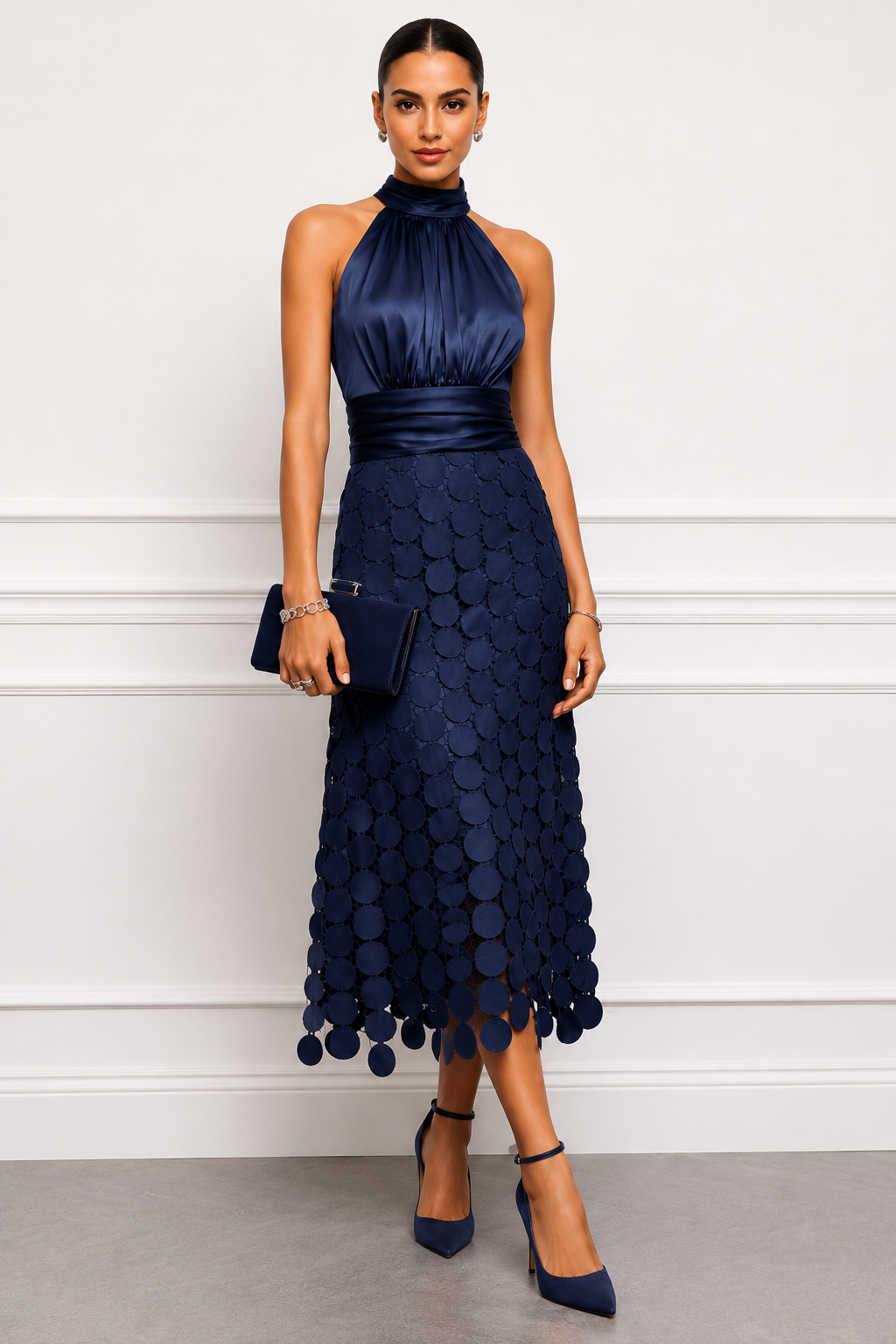 Rinldo | Halter Neck Pleated Midi Dress
