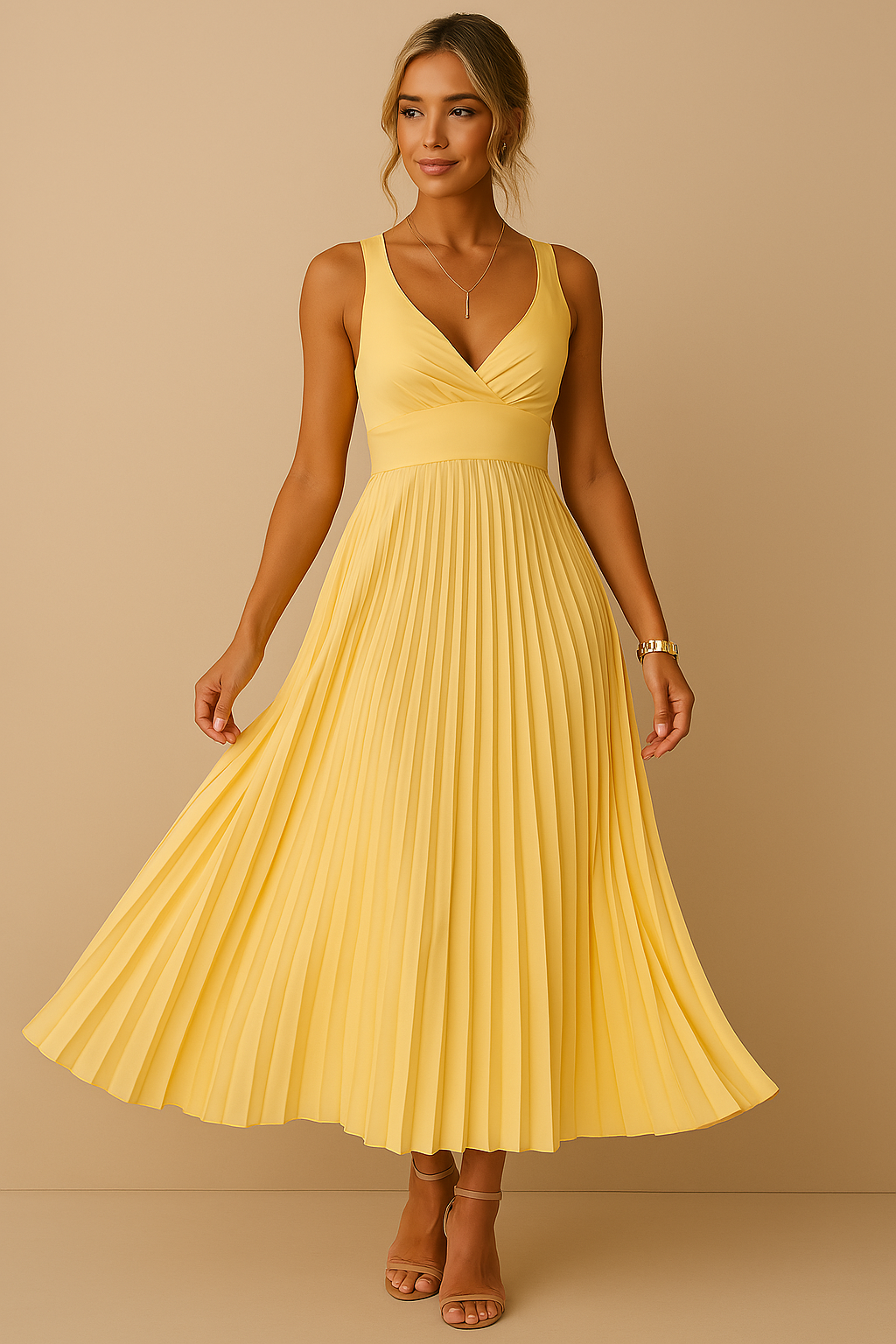 Tuuliki | Sleeveless Pleated Midi Dress Yellow
