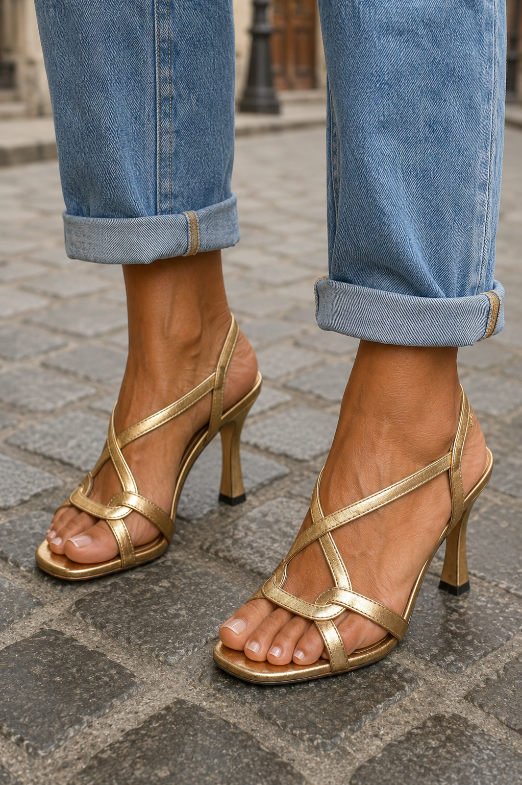 Cassie | Sandals with Metallic Straps and Slingback Heel