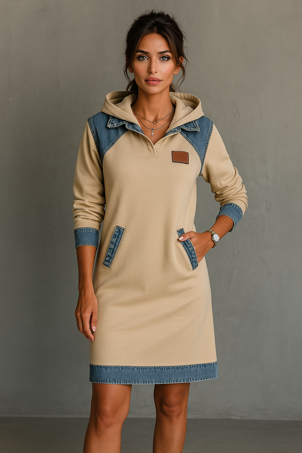 Viktoria - Hooded Denim Insert Midi Dress