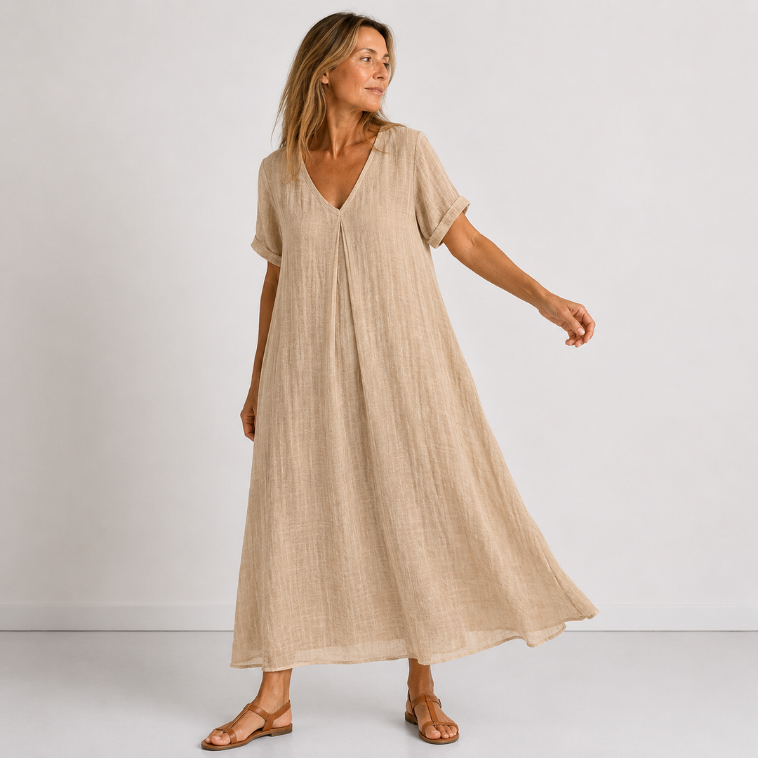 Julessa | V-Neck Short Sleeve Flowing Maxi Dress