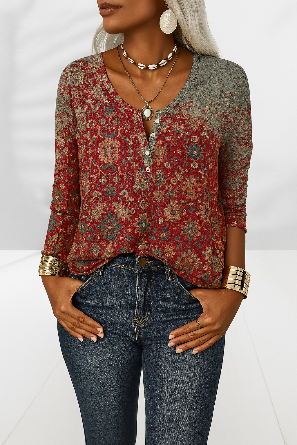 Flossie | Floral Henley Long Sleeve Top