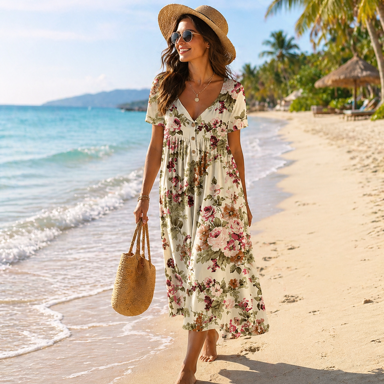 Aliyeen | Floral Print V Neck Midi Dress