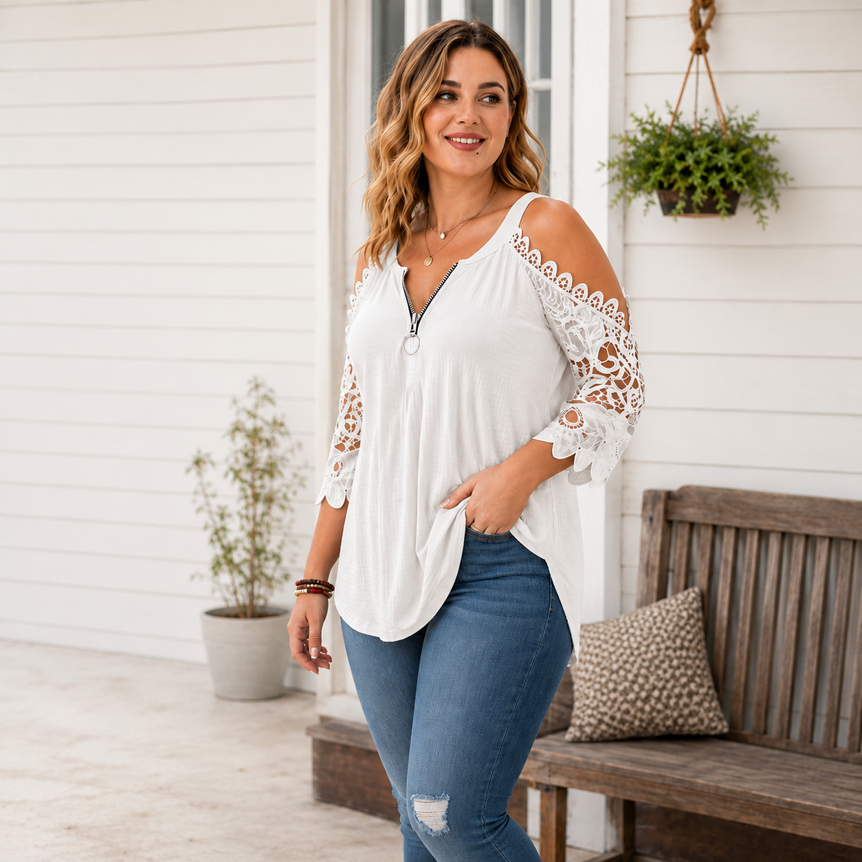 Palchuk | Blouse With Lace Cold Shoulder Sleeves