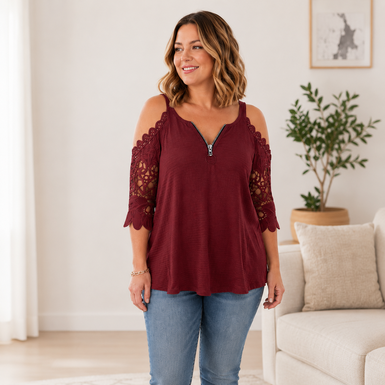 Palchuk | Blouse With Lace Cold Shoulder Sleeves