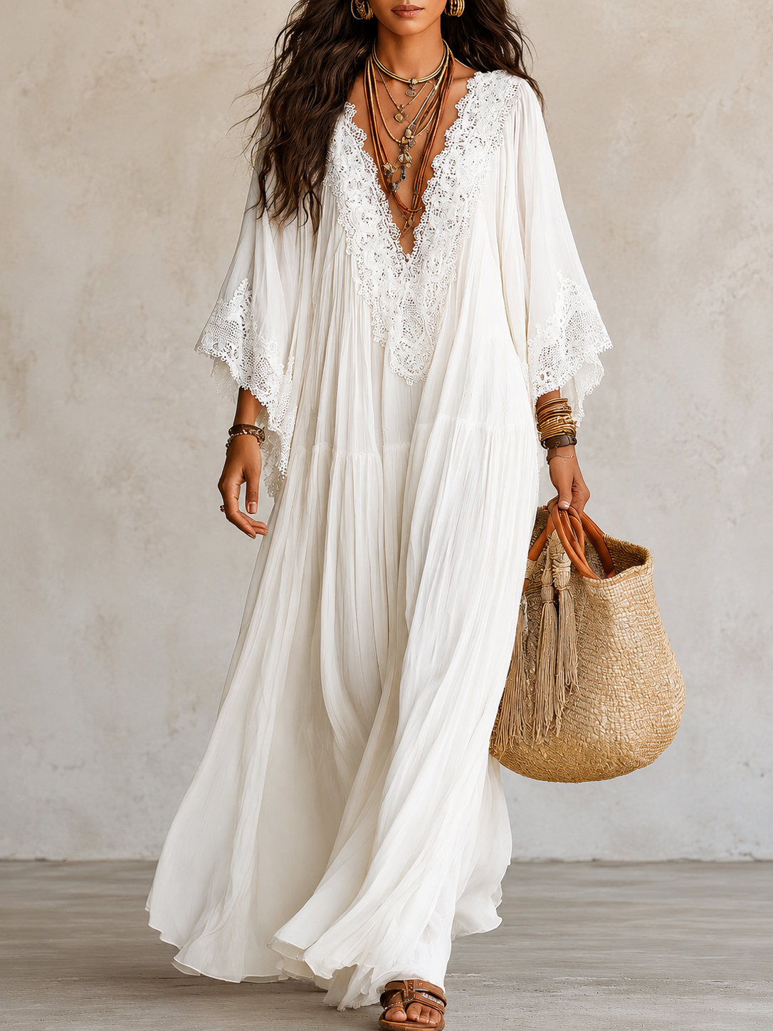 Shimmila | Lace Trim V-Neck Maxi Dress