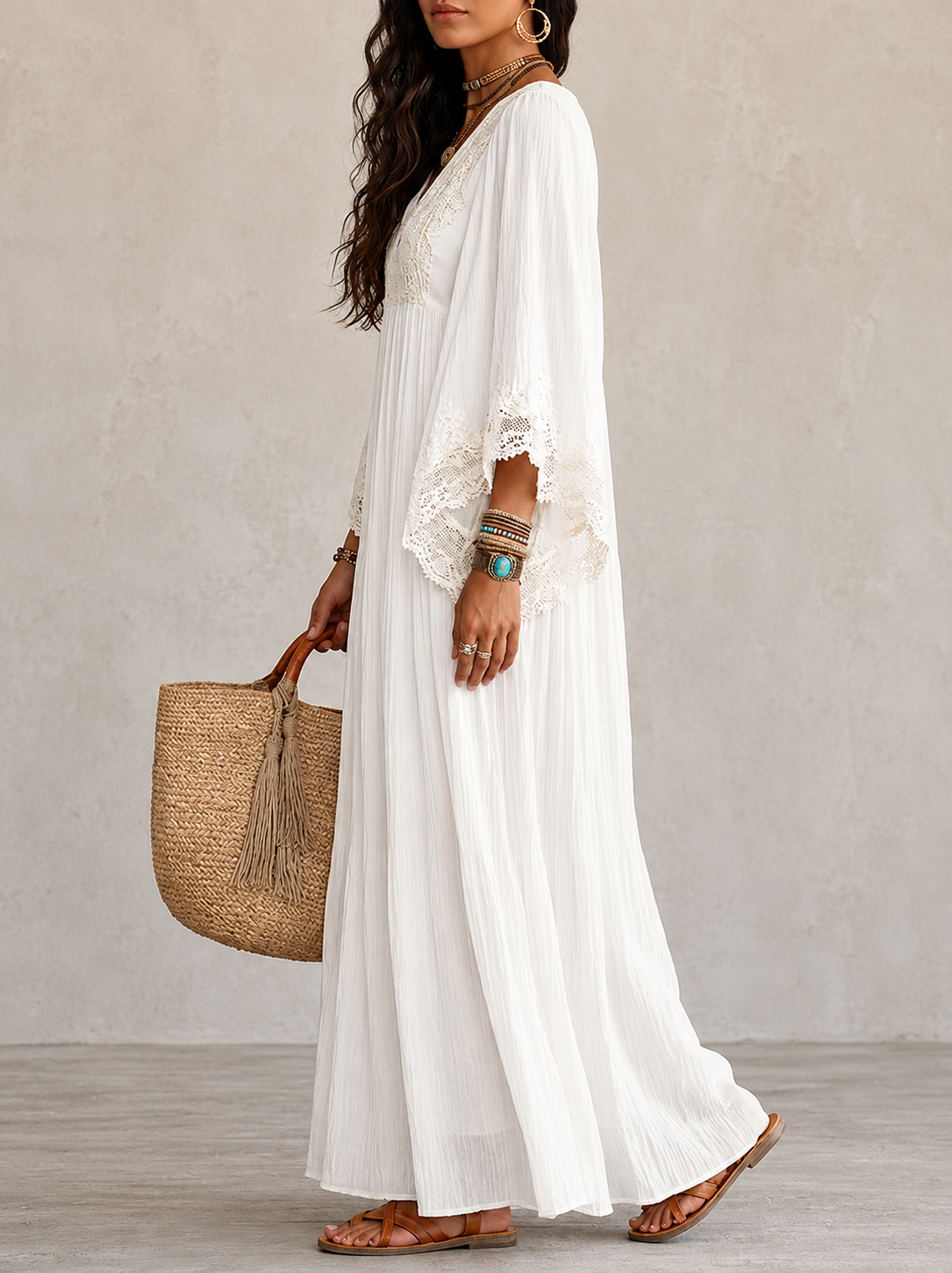 Shimmila | Lace Trim V-Neck Maxi Dress
